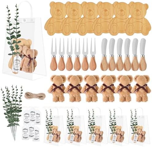 49Pcs Baby Shower Prizes for Game Winners Bear Shaped Bamboo Cheese Board with Knives, Towels, Gift Bags & Thank You Cards – 6 Sets Bridal Shower Favors for Guests by JIETING