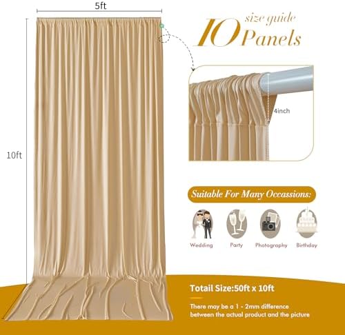 50 ft x 10 ft Wrinkle Free Champagne Backdrop Curtain for Parties, 10 Panels 10ft Polyester Champagne Photo Backdrop Drapes for Graduation Birthday Wedding Party Stage Curtains - Image 5