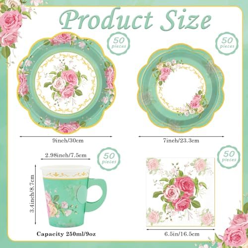 200Pcs Floral Tea Cups and Saucers for Tea Party Supplies, Disposable Tea Cups with Handle and Paper Napkins Dinnerware for Floral Theme Birthday Wedding Bridal Shower Baby Shower(Green) - Image 4