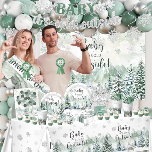 Winter Baby Shower Decorations, Green Baby It's Cold Outside Decor with Plates Napkins Tablecloth Balloon Cake Topper, Winter Wonderland Baby Shower Decorations Boy Girl for Holiday Christmas - Image 3