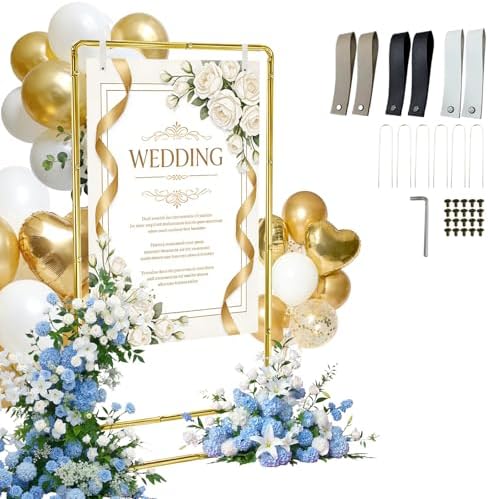 Wedding Welcome Sign Stand, Adjustable Linen Welcome to Our Wedding Sign Holder, Elegant Welcome Sign Easel with Hanging Straps for Seating Chart, Banner, Ceremony Decor (Gold, 54"-69") by Yorshvil