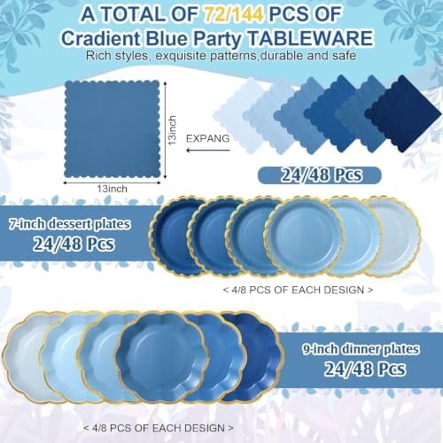 144 Pcs 48 Guests Blue Paper Plates and Napkins Party Supplies - Image 2