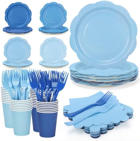 192Pcs Blue Paper Plates and Napkins, 9 Inch Light blue Party Plates Disposable Gradient Blue Party Supplies Decorations for Birthday, Baby Shower, Wedding, Servers 48 Guests by CENLBJ