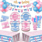 322Pcs Gender Reveal Decorations Kit (Serves 50 Guests) - Girl or Boy Gender Reveal Decorations, Disposable Tableware with Plates & Napkins, Tablecloth, Banner for Baby Shower by Kinovo