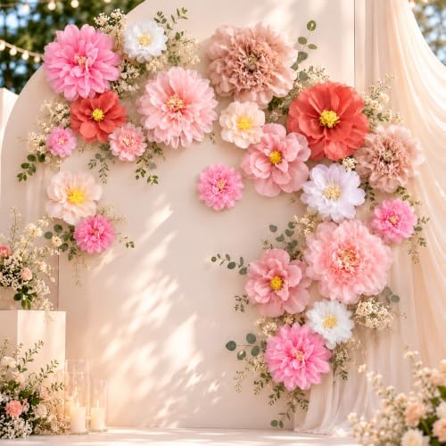 Cholemy 24 Pcs Tissue Paper Flowers, Crepe Paper Flowers Decorations 8" 10" 12" for Wedding Party Baby Bridal Shower Carnival Party Birthday Nursery Wall Decor (Dusty Pink，Peach) by Cholemy