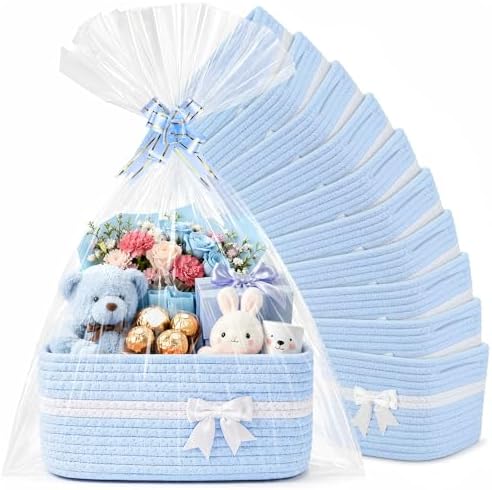 10 Pack Blue Gift Baskets Empty Woven, Cotton Rope Small Basket with Handles, Baby Boy Shower Nursery Organizer, Father's Day Graduation Includes Clear Bags and Bows by AFOROEOA