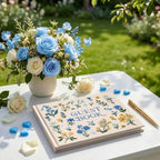 Wedding Guest Book Blue Flowers Embroidered Linen Photo Guestbook - Image 5