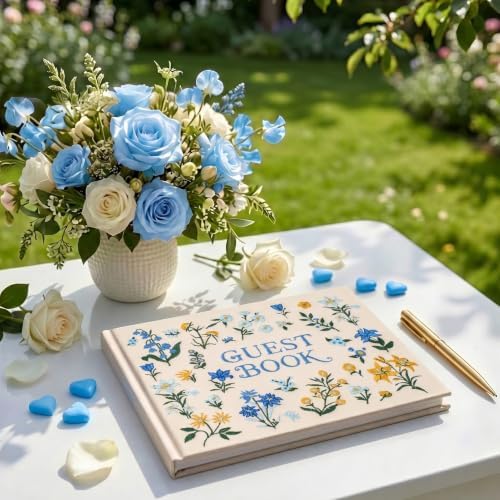 Wedding Guest Book Blue Flowers Embroidered Linen Photo Guestbook - Image 5