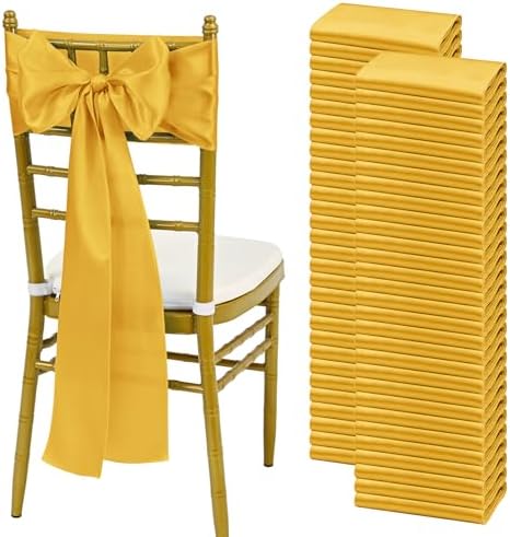 YMHPRIDE 60 PCS Gold Satin Chair Sashes, 7x108 Inch Ties Chair Bows by YMHPRIDE
