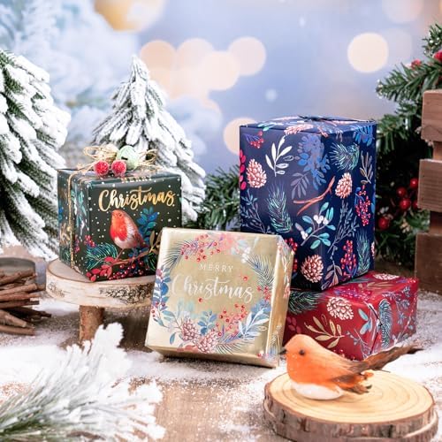 WRAPAHOLIC 30 Inch Christmas Wrapping Paper Roll - Jumbo Roll Red, Green, Gold Bird, Christmas Garland, Holly and Pinecones with Metallic Foil Shine Design - 4 Rolls - 30 Inch x 120 Inch Per Roll - Image 4