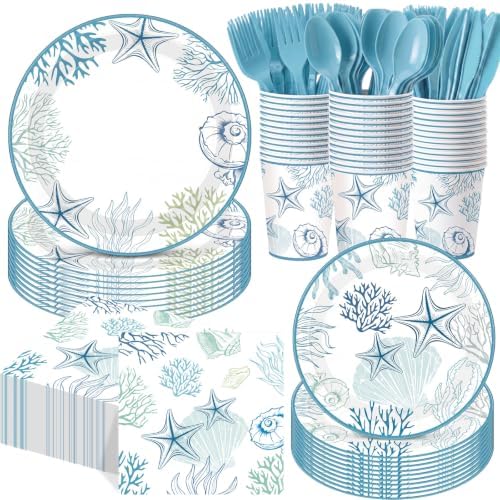 Funnymoom 400 Pcs Ocean Seashell Party Supplies for 50 Guests Blue White Coastal Beach Disposable Plates Napkins Cups Spoons Forks Knives for Summer Wedding Tea Party Bridal Baby Shower by Funnymoom