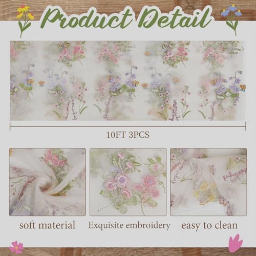 Ivory White Floral Table Runner 10ft Embroidery Tulle Spring Wildflower Table Runner Seasonal Summer Butterfly Kitchen Dining Gauze Decoration for Wedding Baby Shower Birthday Party (3 Pcs) - Image 2