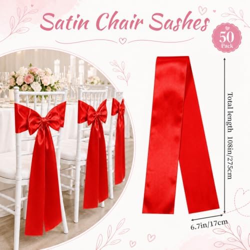 50 Pcs Red Satin Chair Sashes 6 x 108 in Chair Bows for Wedding - Image 3