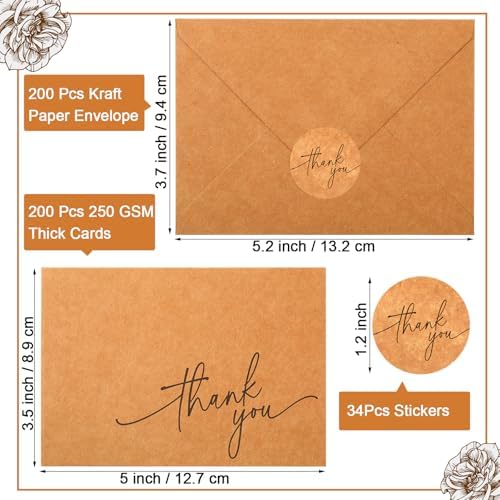 Gueevin 200 Pcs Thank You Cards with Envelopes Stickers, 3.5x5", Brown - Image 2