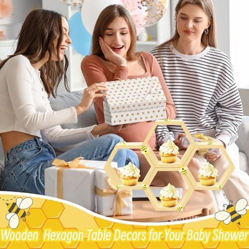 8 Pcs 5.5 Inch Honeycomb Cupcake Stand Cake Farmhouse Hexagon Display Holder Hexagonal Wood Cupcake Stand Floating Table Sign with Wooden Bee for Baby Shower Birthday Party Table Decorations - Image 6