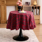 vctops Christmas Red Plaid Ruffle Table Cloth, Farmhouse Cotton Linen Tablecloth, Washable Table Cover for Round Table Baby Shower Kitchen Party Wedding Decor (Red B,70") by vctops