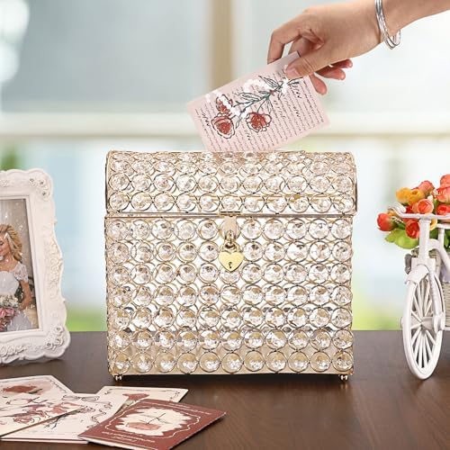 ELLDOO Crystal Wedding Card Box with Heart Lock, Money Card Box Treasure Chest Style Gold Gift for Wedding Receptions Centerpiece Decor Anniversary Keepsake Gift Display Csae, Medium - Image 3