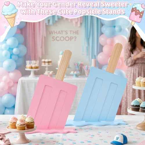 2 Pcs Wooden Ice Cream Sign Ice Cream Pop Party Decorations 20" Ice Lolly Centerpiece Table Sign Macaron Pink Blue Party Decor for Summer Baby Shower Gender Reveal Birthday Supplies - Image 5