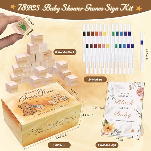 77 PCS Shower Games Sign Kit, 1 Wooden Game Sign, 52 Blank Wooden Blocks for DIY Drawing, 24 Markers, Shower Game for Gender Reveal Activity, Shower Ideas Decorations - Image 6