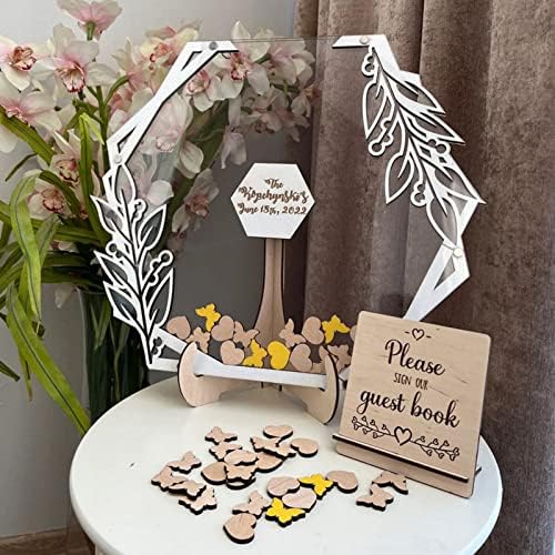 Personalized Wedding Wooden Guest Book: Creative Acrylic Custom Name Alternative Inserts Box DIY Custom Rustic Wedding Heart Drop Guest Book for Graduation Anniversary Wedding Decor (Flower Hexagon) - Image 2