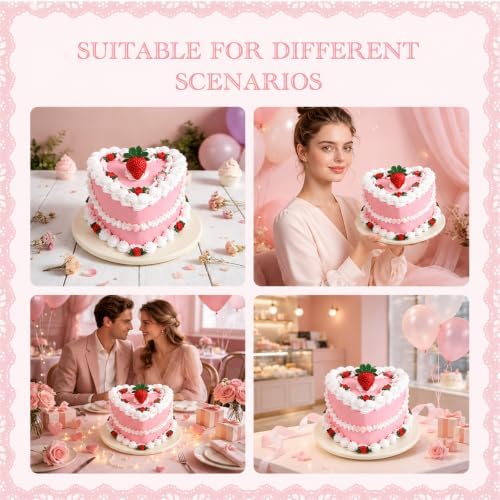 6 Inch Strawberry Heart Fake Cake, Pink Heart Artificial Cake with Strawberry Topper and Rose Decor, Reusable Faux Cake Prop for Wedding, Birthday, Bridal Shower, Baby Shower, Anniversary Party Decor - Image 6