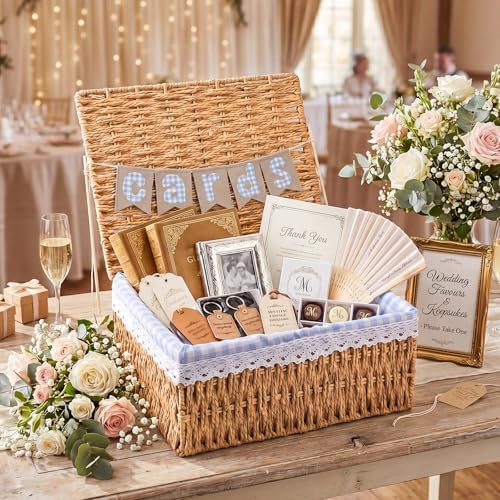 Gerrii Wedding Party Decoration 12 x 9.4 x 5.3 in Large Wicker Storage Basket with Lid Wedding Card Box and Card Banner Set Money Envelope Box Gift for Baby Shower Favor Supplies(Blue Plaid) - Image 2