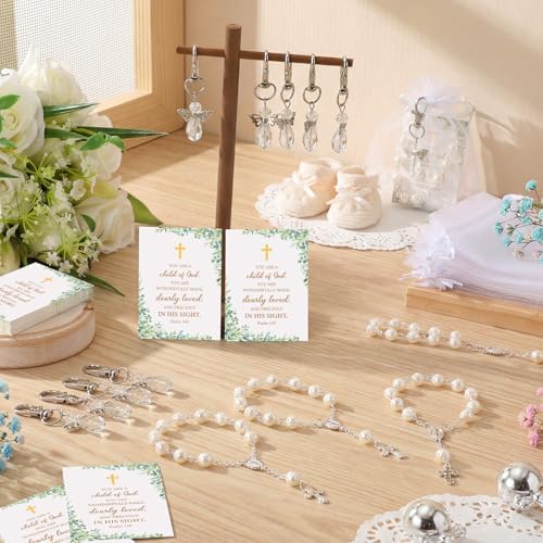 Hicarer 30 Set Baptism Favors Set Includes Angel Keychains Mini Rosary Cross Beads Favors Baptism Organza Bags with Cross Psalm Cards for Baby Shower Christian Party Supplies(White) - Image 5