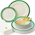 By Madee HEAVYWEIGHT 175 Pc Ivory Plates with GreenTrim | Disposable Dinnerware Set for 25 Guests by byMadee