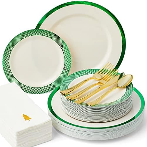 By Madee HEAVYWEIGHT 175 Pc Ivory Plates with GreenTrim | Disposable Dinnerware Set for 25 Guests by byMadee