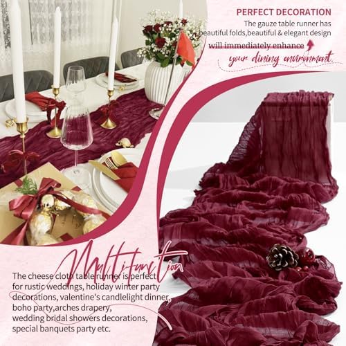 18 Pack Cheesecloth Table Runner 10FT Burgundy Red Table Runner Boho Gauze Cheese Cloth Table Runners Long Rustic Sheer Table Decorations for Wedding Party Baby Bridal Shower Birthday Holiday Home - Image 6
