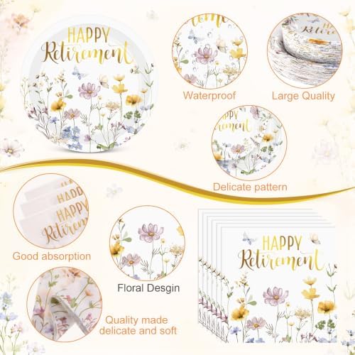 Funnymoom 452 Pcs Happy Retirement Supplies Tableware for 50 Guests, Wildflower Themed Retirement Paper Plates Napkins Cups Tablecloth Cutlery Straws for the Aged Women Say Goodbye Party Decoration - Image 3