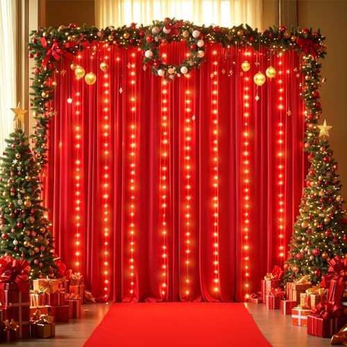 10x10ft Red Backdrop Curtains with Lights Photo Drapes Wrinkle Free Fabric Backdrop Curtain for Wedding Birthday Party Baby Shower Bridal Shower Home Party Background Decorations - Image 2