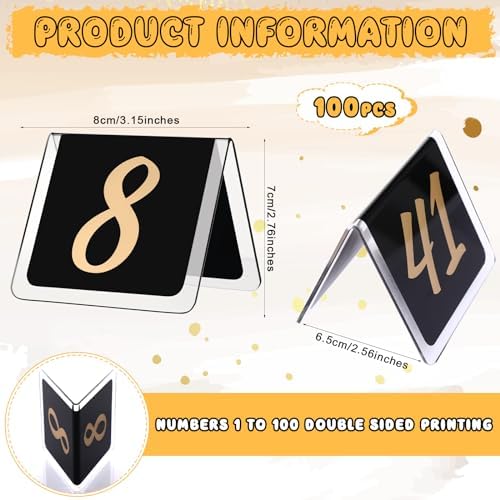 Suzile 100 Pcs Table Numbers 1-100 Acrylic Double Sided,Black and Gold - Image 3