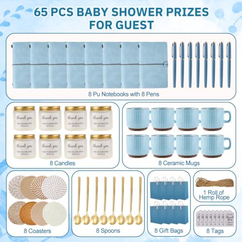 Baby Shower Prizes for Game Winners Baby Shower Games Prizes Ceramic Mugs with Metal Spoons Woven Coasters Notebooks Scented Candles Gift Bags Wedding Bridal Shower Favors for Guests (8, Blue) - Image 4