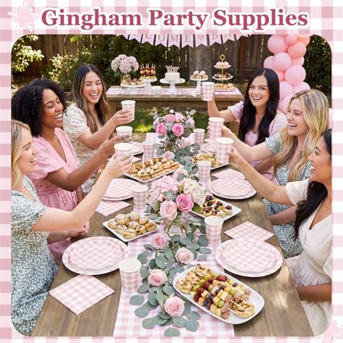 Funnymoom 250 Pcs Pink Gingham Paper Plates and Napkins Party Supplies - Image 4