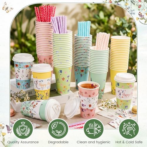 Nuogo 400pcs/100set 16 oz Floral Disposable Coffee Cups with Lids Sleeves Straws Napkins, Spring/Summer Party Tea Wedding Baby Shower Bulk Paper Cups for Hot Cold Drinks - Image 4