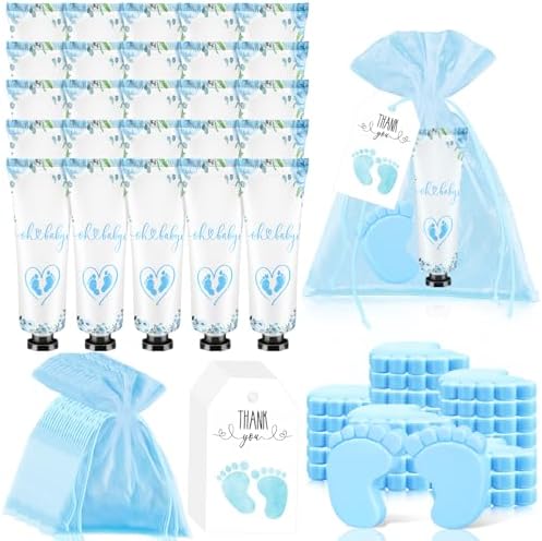 25 Sets Baby Shower Favors for Guests Hand Cream Baby Feet Scented Soap Party Favors Blue Baby Shower Guests Gifts with Organza Bags and Thanks Tags for Baby Shower Wedding Party by Demonwer