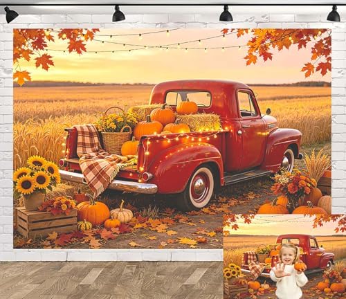 Fall Farm Backdrop, Vintage Red Truck with Pumpkins Photo Background, 9x6FT by Unknown