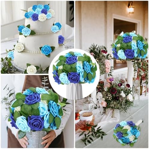 100 Pcs Artificial Rose Flowers, Gradient Blue - Image 6
