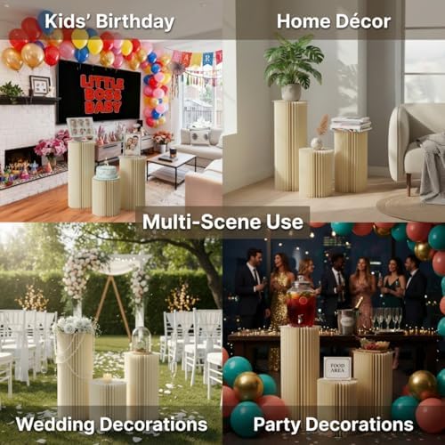 Cylinder Stands for Party, Shape&Use 5PCS Round Cream White Pedestal Display Stands, Foldable Cardboard Columns for Wedding, Birthday, Anniversary Decor, 11.8in Dia. (15.7*2/23.6/31.5*2in H) with Storage Bag - Image 3