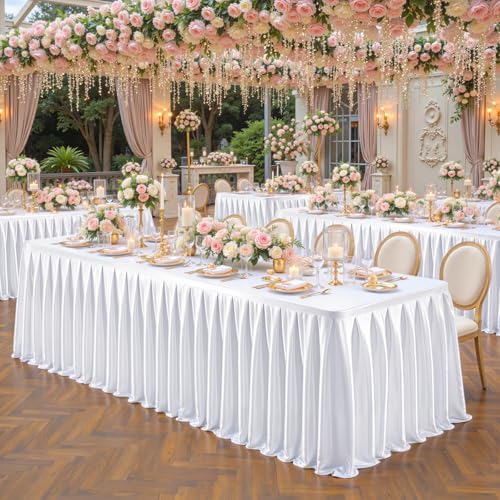 2 Packs White Satin Tablecloths Rectangle 4FT,Glitter Spandex Fitted Stretch Table Covers Wrinkle-Resistant Floor Length Shimmer Pleated Table Skirt for Wedding Parties Baby Shower Banquets - Image 6