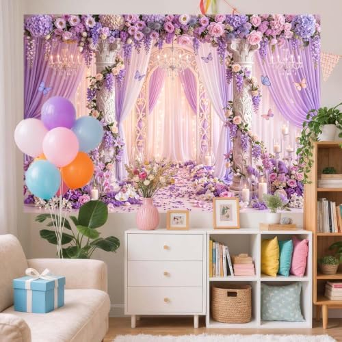 Purple Floral Wedding Backdrop, Romantic Flower Roman Arch Photo Background - Image 3