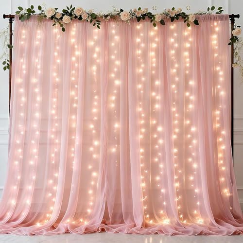 Ledido 10×10ft Pink Tulle Backdrop Curtain with Light(2 Panels 5×10ft) - Image 2