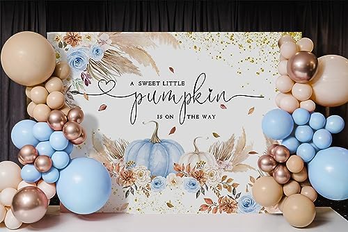 Mocsicka Pumpkin Backdrop for Girl Boy Autumn Fall Baby Shower Party Decorations Boho Blush Floral A Little Pumpkin is On The Way Baby Shower Cake Table Banner (Blue, 10x8ft(120''x96'')) - Image 2