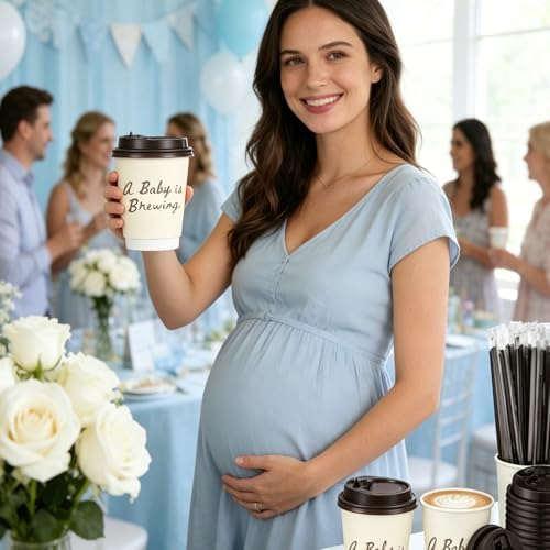 FYSUIMU 60 Sets Baby Shower Coffee Paper Cups with Lids Straws A Baby Is Brewing Disposable Cup Double-Wall Drinking Cups for Pregnancy Announcement Gender Reveal, 13.5oz - Image 6