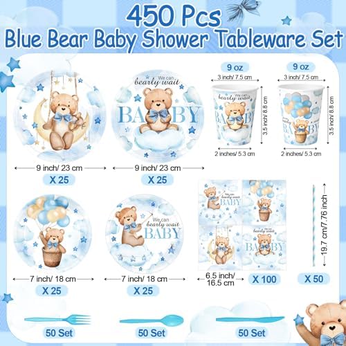 450 Pcs Tableware Set, Serve 50, Blue, Bear Baby Shower - Image 2