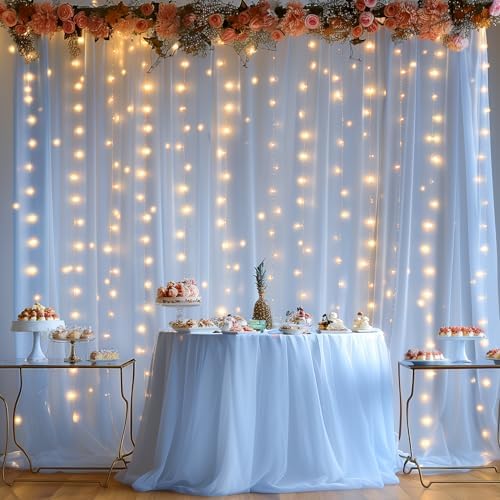 10ft x 8ft Blue Backdrop Curtain with Lights String for Parties, Sheer Tulle Wedding Photo Backdrops Drapes for Baby Shower Birthday Party Decorations Background for Photography - Image 3