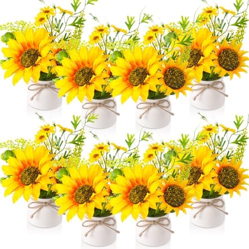 Zeyune Artificial Sunflower Potted Plants Rustic Wedding Table Centerpieces Summer Spring Kitchen Silk Yellow Flower with Plastic Pot for Home Bathroom Office Bridal Shower(8 Pcs,White,Sunflower) by Zeyune