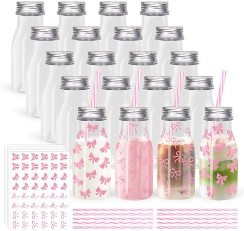 FYSUIMU 24 Pcs Pink Bow Plastic Milk Bottles with Lids Straws and Bowknot Stickers Reusable Drink Containers Beverage Juice Shot Jars for Valentine's Day Birthday Baby Shower Party Favor by FYSUIMU