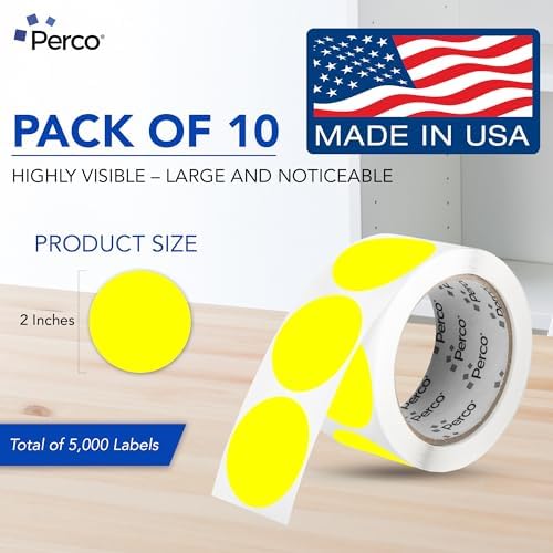 Perco Neon Yellow Perforated Round Circle Dot Sticker 2-Inch Labels — 10 Rolls, 5,000 Stickers - Price Stickers, Notes, Alerts & Warning Labels, High Visibility—Made in USA - Image 2